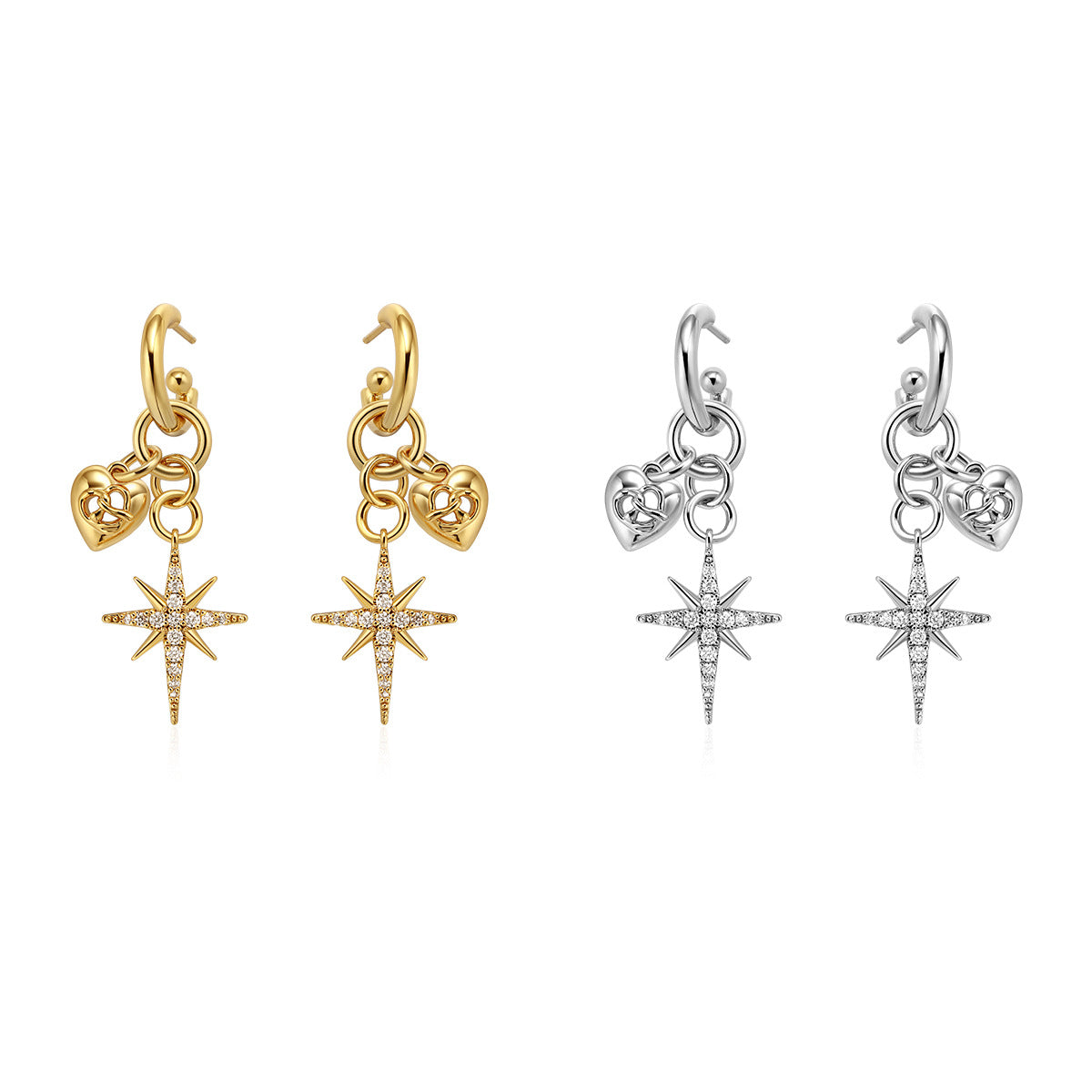 AUKIYUKI Retro Affordable Eight Awn Star Diamond-Embedded Love Heart Earrings