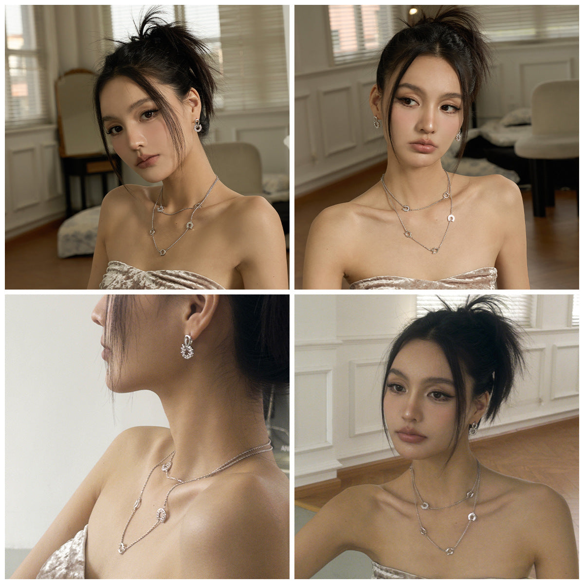 AUKIYUKI Design Twin Long Necklace Vachette Clasp choker Clavicle Necklace