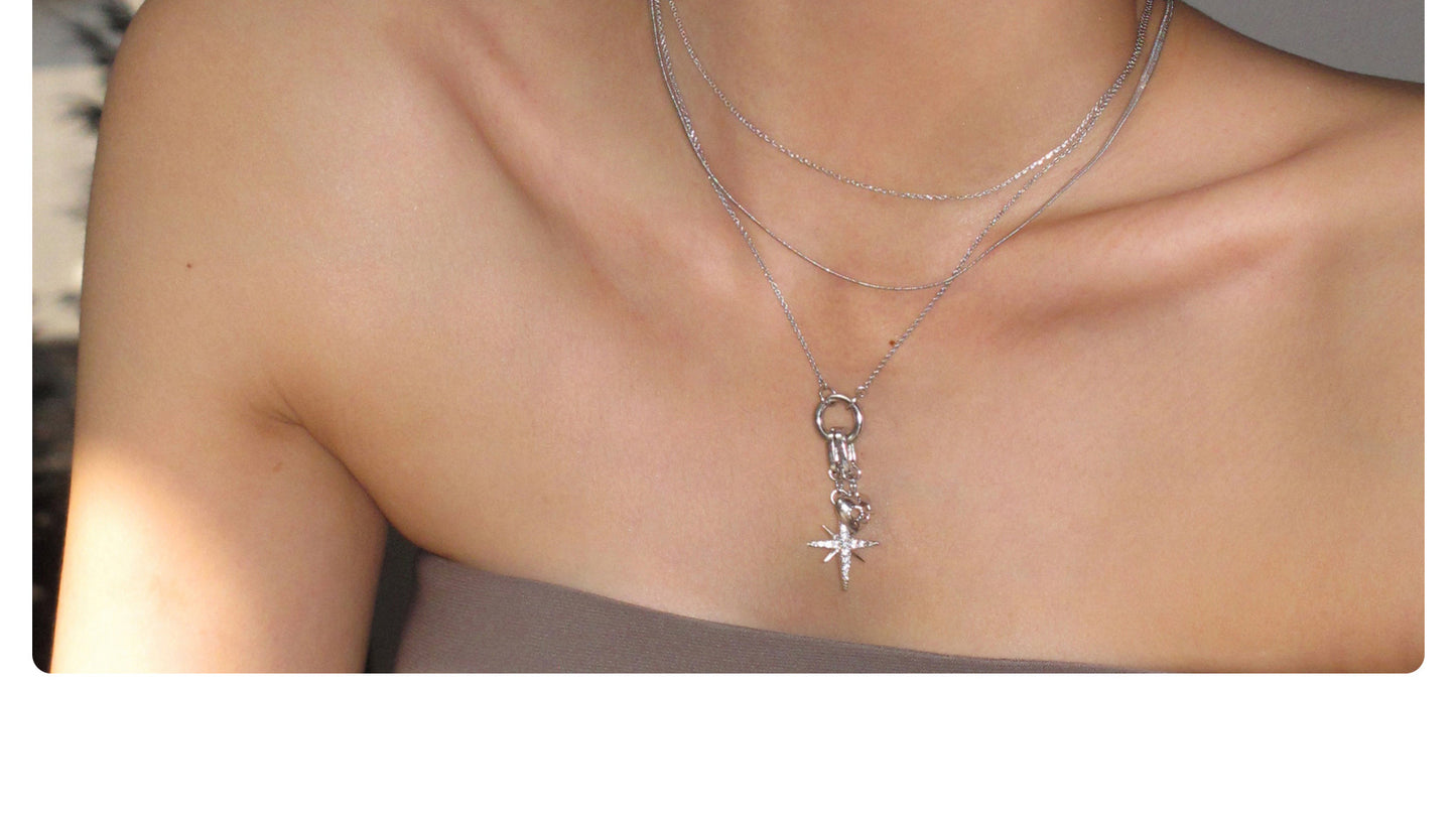 AUKIYUKI Multi-Layered Retro Eight Awn Star Love Long Necklace High-Grade Popular Clavicle Chain