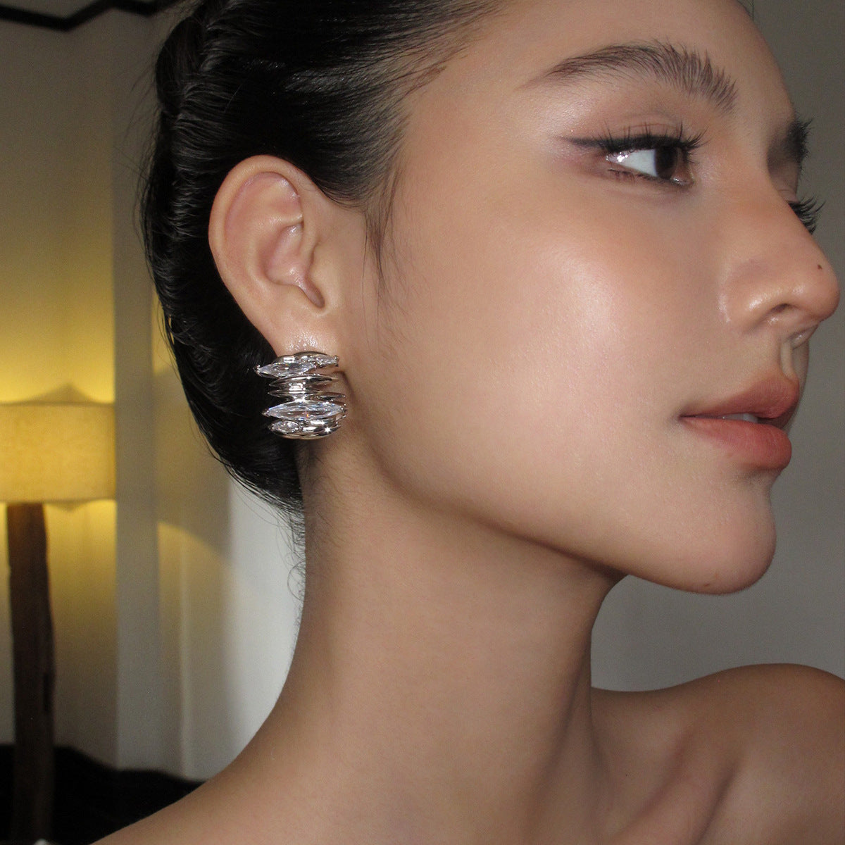 AUKIYUKI  Irregular Horse Eye Ring Zircon C Ring Earrings Female Exaggerated Unique Niche Design Stud Earrings