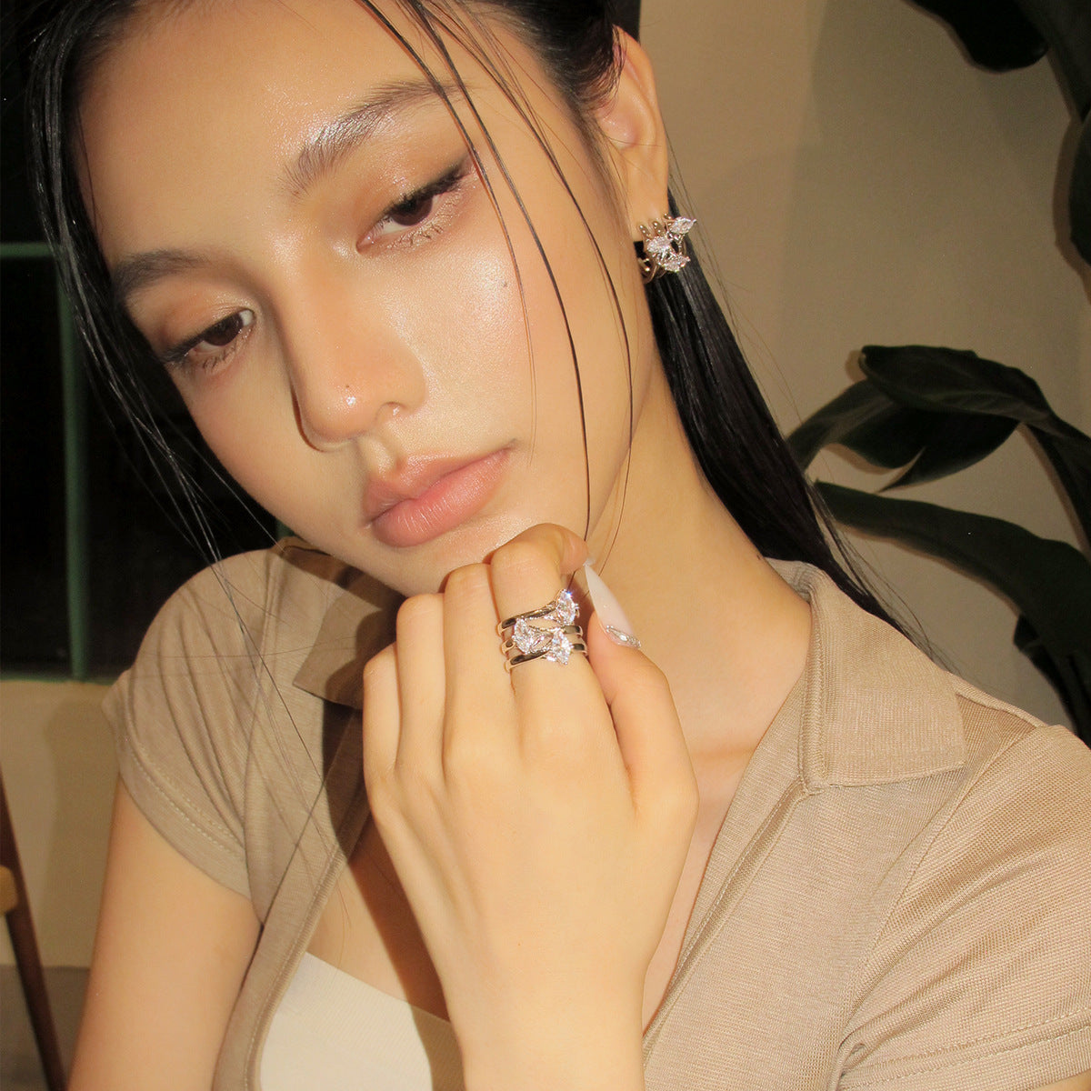 Twin Open Zircon Ring Female Light Luxury High Sense Niche Unique Designer Index Finger Ring